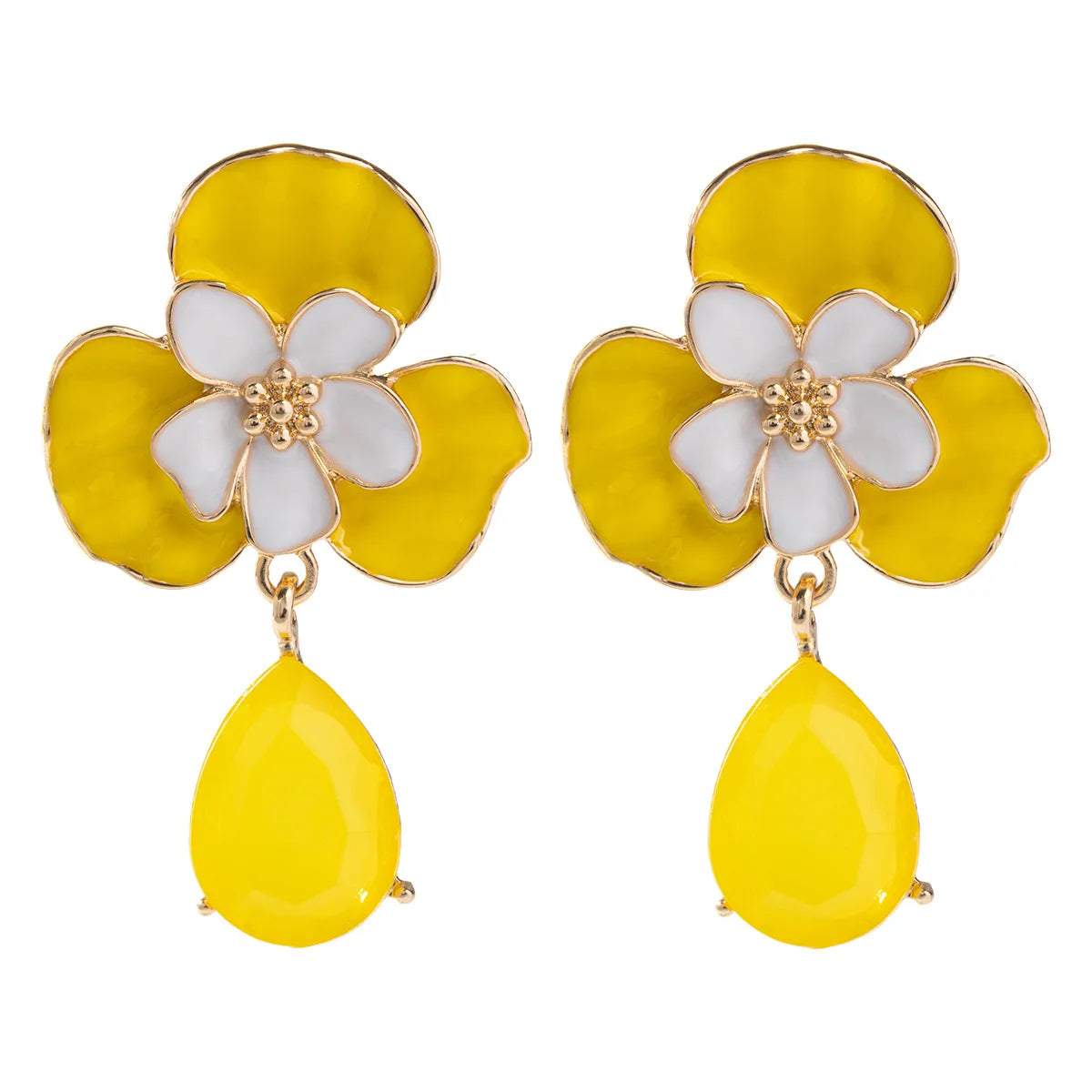 Yellow Enamel Flowers Drop Earring